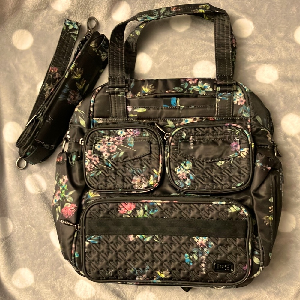 lug Black Floral Quilted Nylon Tote with Multicolor Flowers